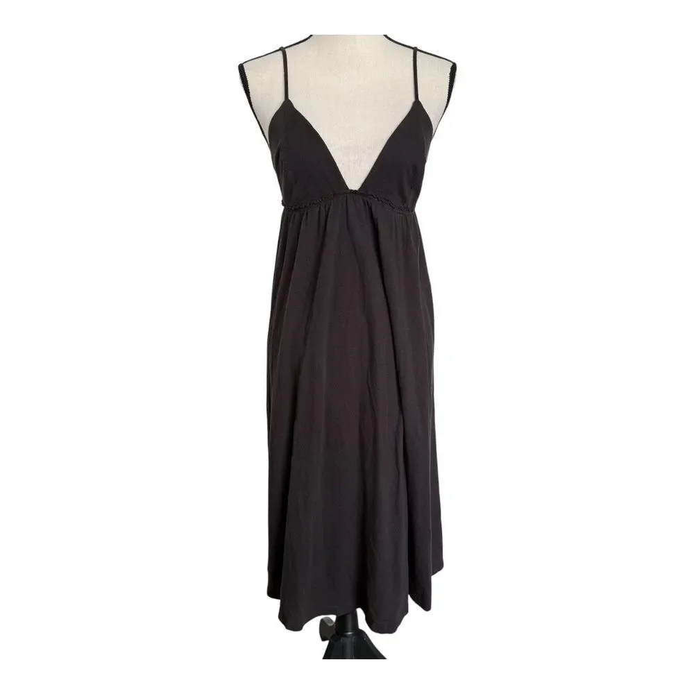 Free People Beach Black A-line Spaghetti Strap Deep V-Neck Midi Dress Womens S